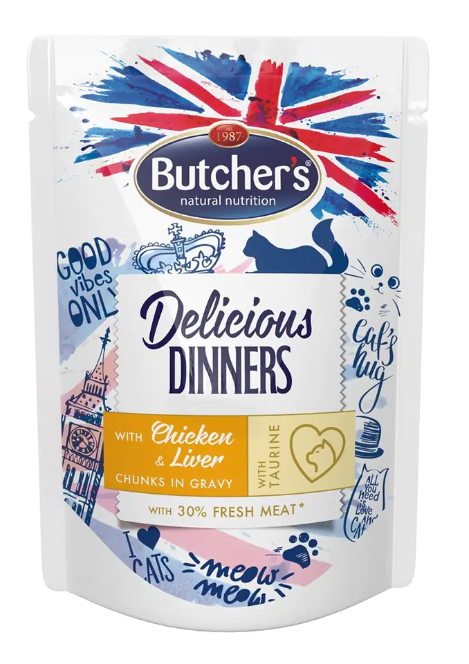 ⁨Butcher’s Delicious Dinners Cat - mokra karma dla kota z kurczakiem i wątróbką w sosie - saszetka - 100 g⁩ w sklepie Wasserman.eu