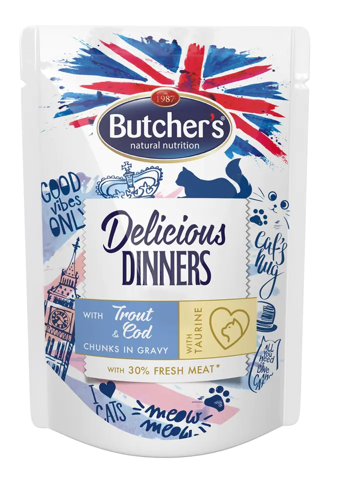⁨Butcher’s Delicious Dinners Cat z pstrągiem i dorszem - mokra karma dla kota - kawałki w sosie - saszetka 100 g⁩ w sklepie Wasserman.eu