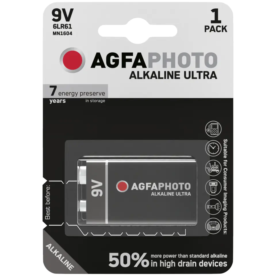 ⁨1x AGFAPHOTO ULTRA 9V 6LR61 ALKALINE BATTERY⁩ at Wasserman.eu