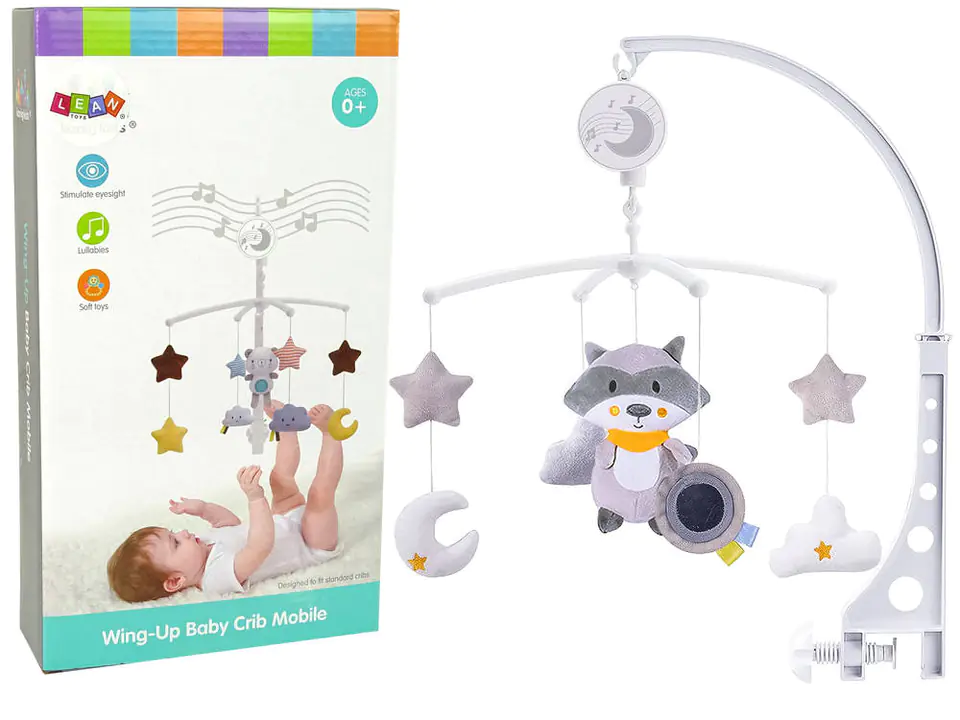 ⁨Baby Carousel for Crib Plush Raccoon Gray Melody⁩ at Wasserman.eu