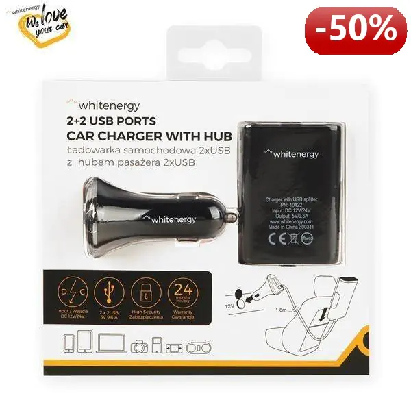 ⁨Whitenergy Ładowarka samochodowa, rozdzielacz gniazda zapalniczki, 2+ 2x USB, wyjście 5V/ 9.6A, czarna⁩ w sklepie Wasserman.eu