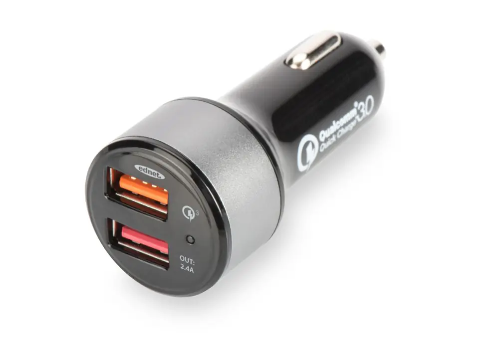 ⁨Ładowarka samochodowa Qualcomm Quick Charge 3.0, 2xUSB (3A/2.4A), czarno-srebrna⁩ w sklepie Wasserman.eu