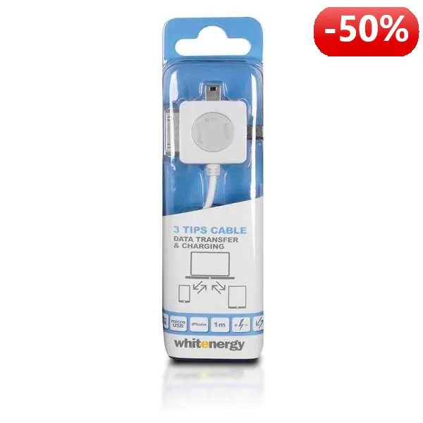 ⁨Whitenergy Kabel do przesyłu danych 3w1: Micro USB, Mini USB, iPhone 4, 100cm, biały⁩ w sklepie Wasserman.eu