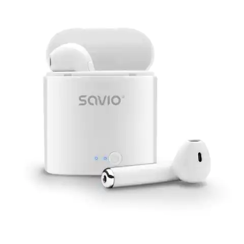 ⁨Słuchawki bezprzewodowe SAVIO TWS-01 (douszne; bezprzewodowe, Bluetooth; z wbudowanym mikrofonem; kolor biały⁩ w sklepie Wasserman.eu