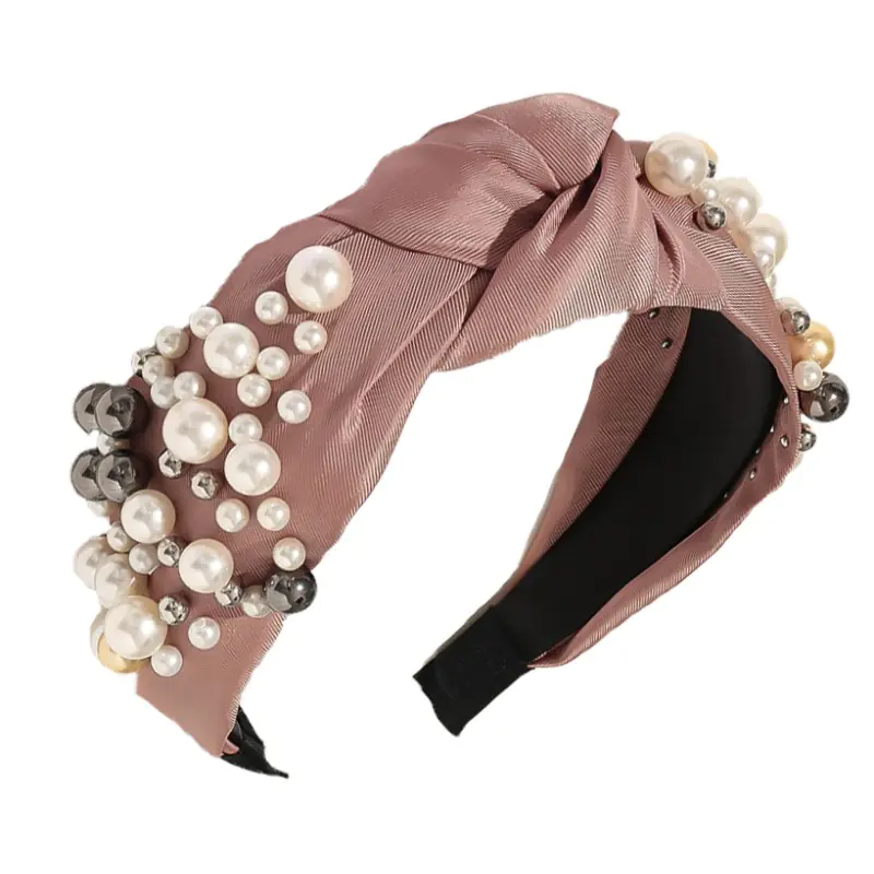 ⁨Opaska turban bogato zdobiona z materiału gruba 6,5cm róż O461R⁩ w sklepie Wasserman.eu