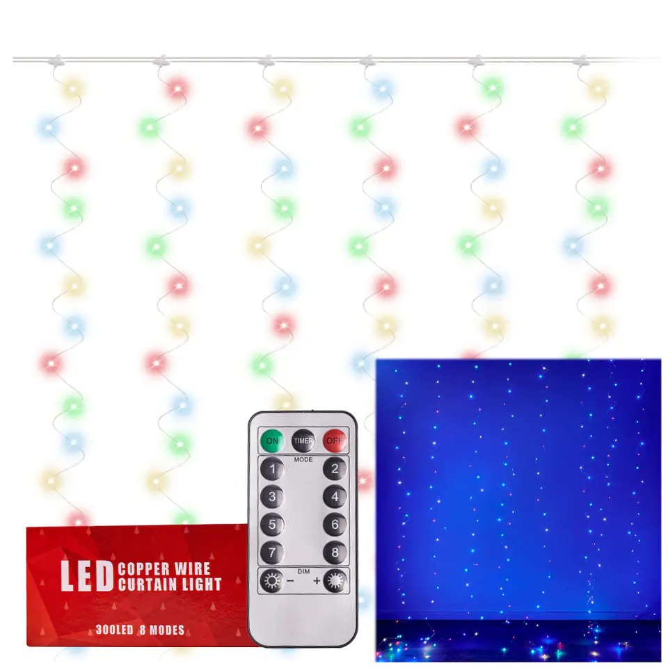 ⁨Lampki LED kurtyna girlanda druciki 3x3m 300LED multikolor pilot USB⁩ w sklepie Wasserman.eu