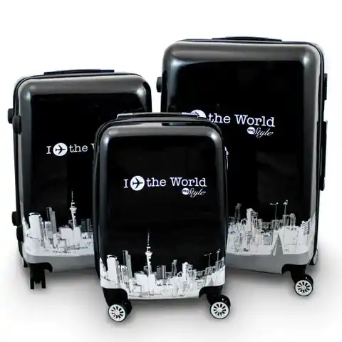 ⁨Suitcases set black and white Fly the World⁩ at Wasserman.eu