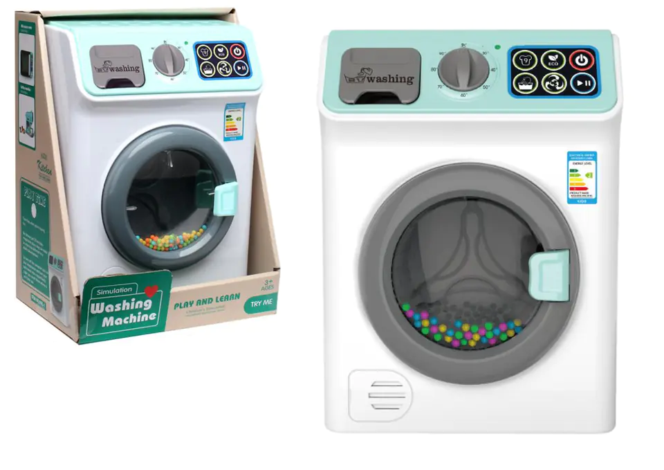 ⁨Battery operated washing machine sounds opening drum colorful balls⁩ at Wasserman.eu