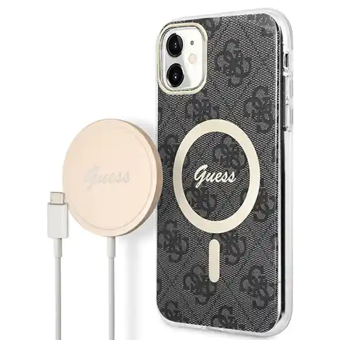 ⁨Zestaw Guess GUBPN61H4EACSK Case+Charger iPhone 11 6,1" czarny/black hard case 4G Print MagSafe⁩ w sklepie Wasserman.eu