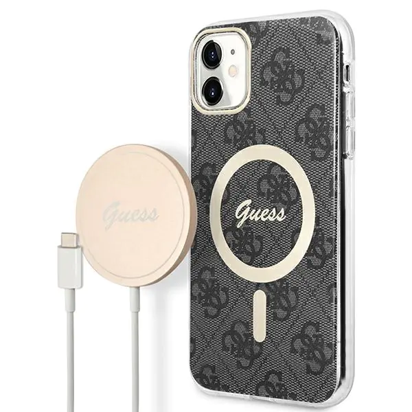 ⁨Guess GUBPN61H4EACSK Case+Charger iPhone 11 6,1" black/black hard case 4G Print MagSafe⁩ at Wasserman.eu