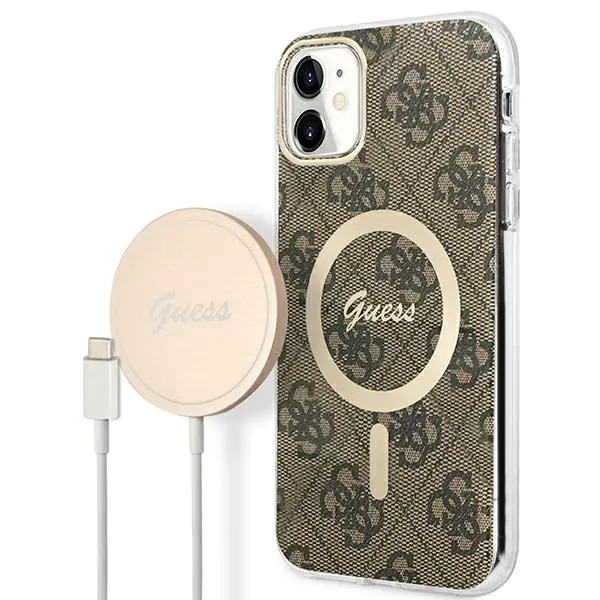 ⁨Zestaw Guess GUBPN61H4EACSW Case+Charger iPhone 11 6,1" brązowy/brown hard case 4G Print MagSafe⁩ w sklepie Wasserman.eu