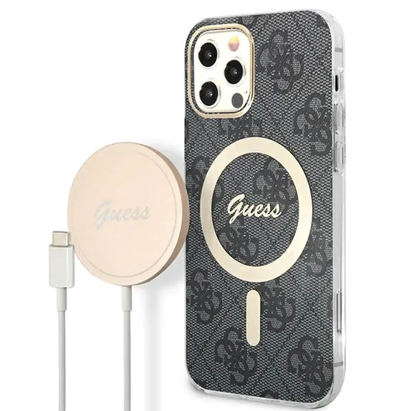 ⁨Zestaw Guess GUBPP12MH4EACSK Case+ Charger iPhone 12/12 Pro czarny/black hard case 4G Print MagSafe⁩ w sklepie Wasserman.eu