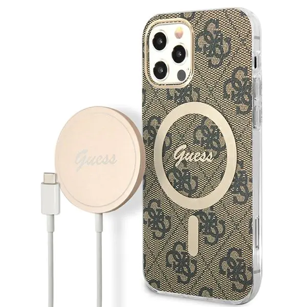 ⁨Zestaw Guess GUBPP12MH4EACSW Case+ Charger iPhone 12/12 Pro brązowy/brown hard case 4G Print MagSafe⁩ w sklepie Wasserman.eu