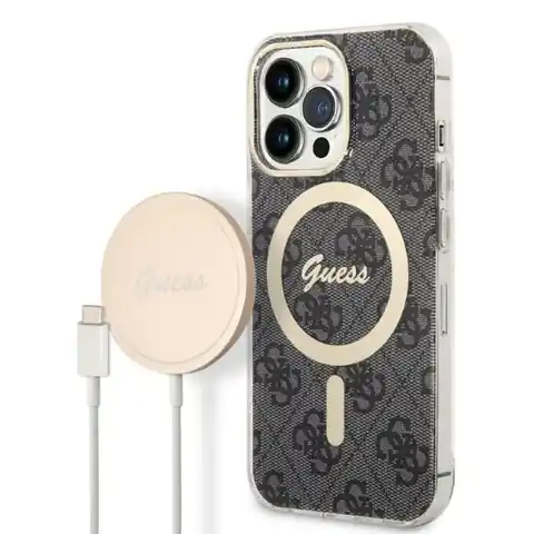 ⁨Zestaw Guess GUBPP13XH4EACSK Case+ Charger iPhone 13 Pro Max czarny/black hard case 4G Print MagSafe⁩ w sklepie Wasserman.eu