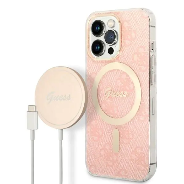 ⁨Zestaw Guess GUBPP13XH4EACSP Case+ Charger iPhone 13 Pro Max różowy/pink hard case 4G Print MagSafe⁩ w sklepie Wasserman.eu