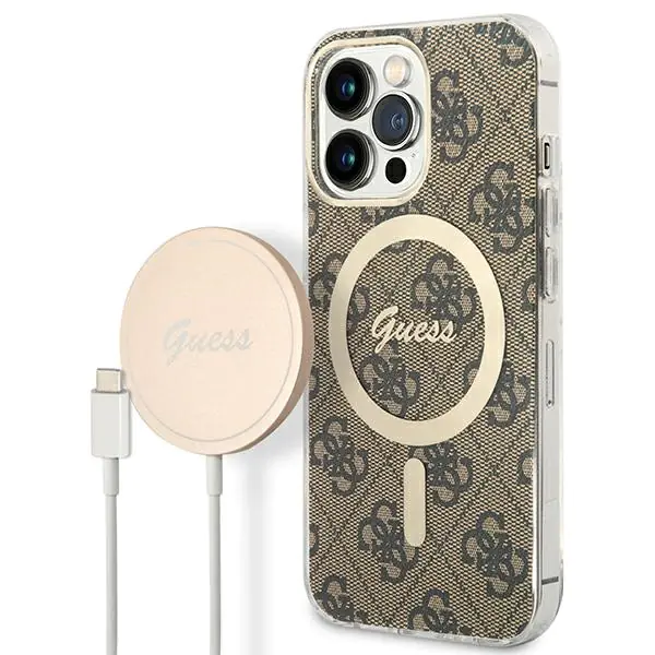 ⁨Guess GUBPP13LH4EACSW Case+ Charger iPhone 13 Pro brown/brown hard case 4G Print MagSafe⁩ at Wasserman.eu