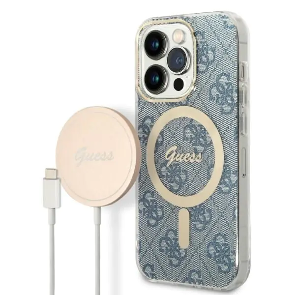 ⁨Zestaw Guess GUBPP14LH4EACSB Case+ Charger iPhone 14 Pro 6,1" niebieski/blue hard case 4G Print MagSafe⁩ w sklepie Wasserman.eu