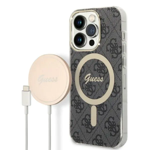 ⁨Zestaw Guess GUBPP14LH4EACSK Case+ Charger iPhone 14 Pro 6,1" czarny/black hard case 4G Print MagSafe⁩ w sklepie Wasserman.eu