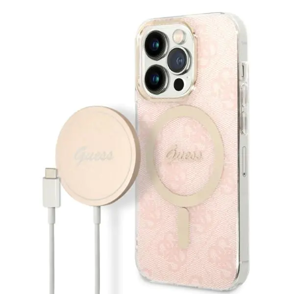 ⁨Zestaw Guess GUBPP14LH4EACSP Case+ Charger iPhone 14 Pro 6,1" różowy/pink hard case 4G Print MagSafe⁩ w sklepie Wasserman.eu