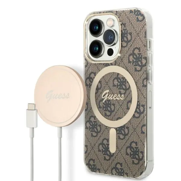 ⁨Zestaw Guess GUBPP14LH4EACSW Case+ Charger iPhone 14 Pro 6,1" brązowy/brown hard case 4G Print MagSafe⁩ w sklepie Wasserman.eu