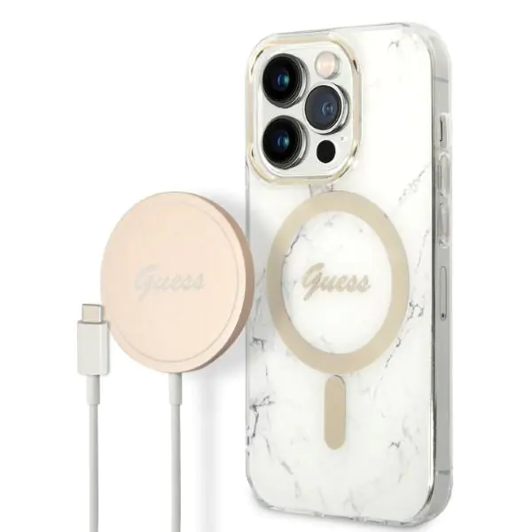 ⁨Zestaw Guess GUBPP14LHMEACSH Case+ Charger iPhone 14 Pro 6,1" biały/white hard case Marble MagSafe⁩ w sklepie Wasserman.eu