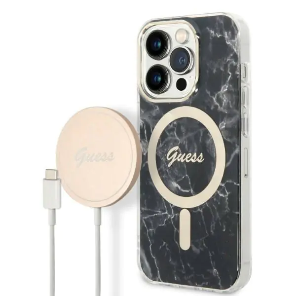 ⁨Guess GUBPP14LHMEACSK Case+ Charger iPhone 14 Pro 6,1" black/black hard case Marble MagSafe⁩ at Wasserman.eu