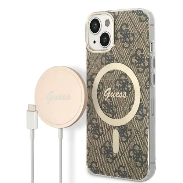 ⁨Zestaw Guess GUBPP14MH4EACSW Case+ Charger iPhone 14 Plus 6,7" brązowy/brown hard case 4G Print MagSafe⁩ w sklepie Wasserman.eu