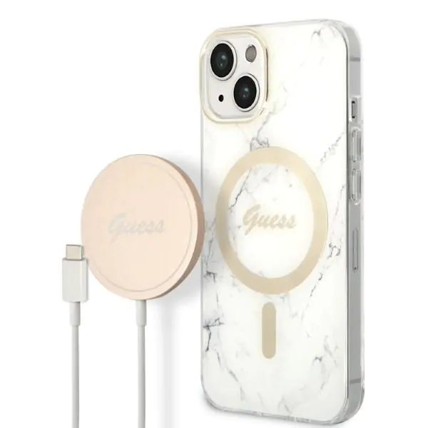 ⁨Zestaw Guess GUBPP14MHMEACSH Case+ Charger iPhone 14 Plus 6,7" biały/white hard case Marble MagSafe⁩ w sklepie Wasserman.eu