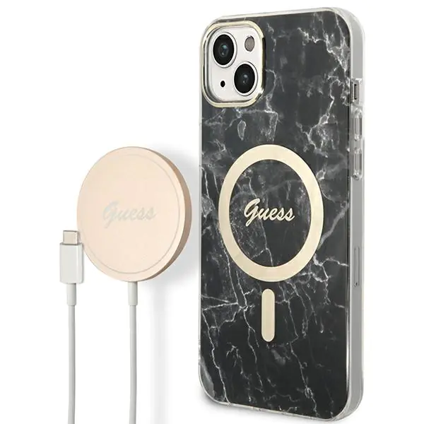 ⁨Zestaw Guess GUBPP14MHMEACSK Case+ Charger iPhone 14 Plus 6,7" czarny/black hard case Marble MagSafe⁩ w sklepie Wasserman.eu