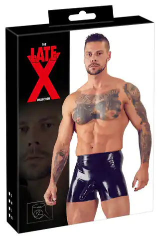 ⁨Latex shorts with penis cover and S Latex condom⁩ at Wasserman.eu