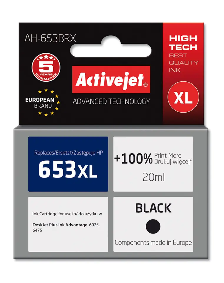 ⁨Activejet AH-653BRX ink (replacement for HP 653XL 3YM75AE; Premium; 720 pages; black)⁩ at Wasserman.eu