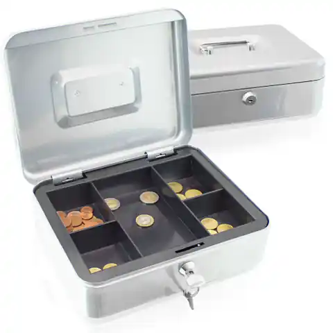⁨Jasno-szara kasetka na pieniądze metalowy schowek na bilony 25 cm uniwersalny⁩ w sklepie Wasserman.eu