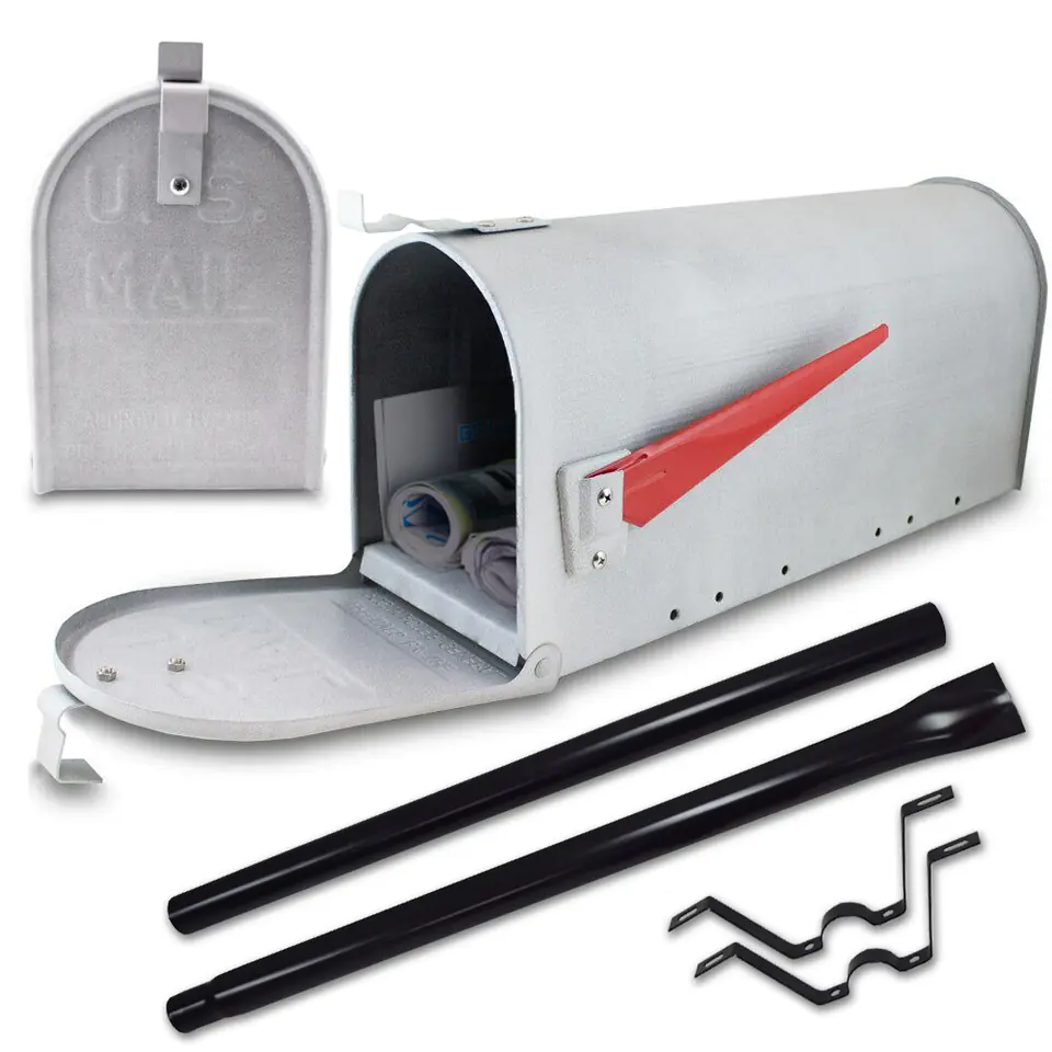 American mailbox on a post light gray with a metal flag at Wasserman.eu