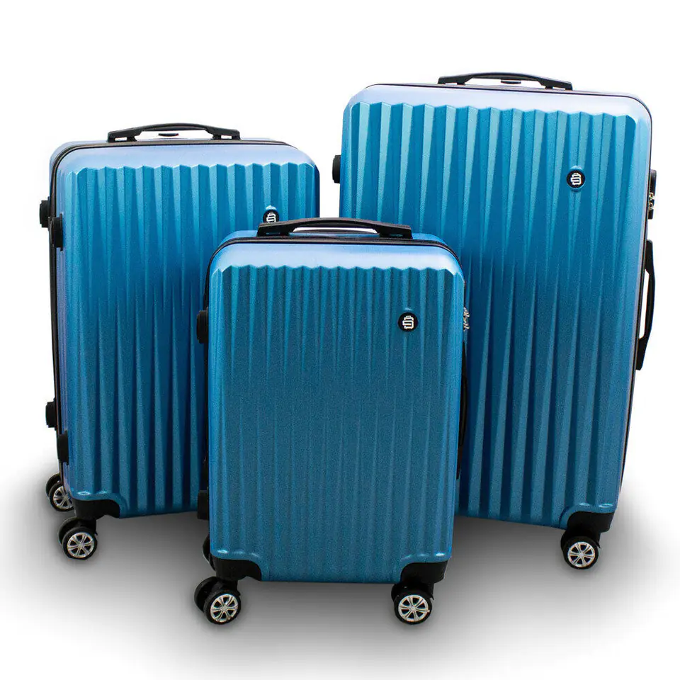 ⁨Set of blue suitcases strong travel ABS for XL+L+M aircraft⁩ at Wasserman.eu