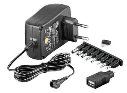 ⁨Universal power adapter 3-12V, 1.5A 18W, 9 tips, black⁩ at Wasserman.eu