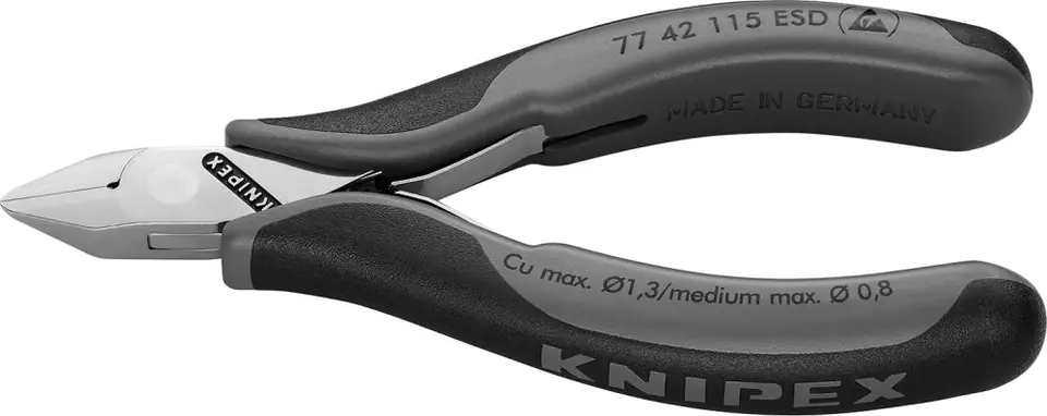 ⁨Side cutting pliers for ESD electronics, pointed head, without bevel 115mm KNIPEX⁩ at Wasserman.eu