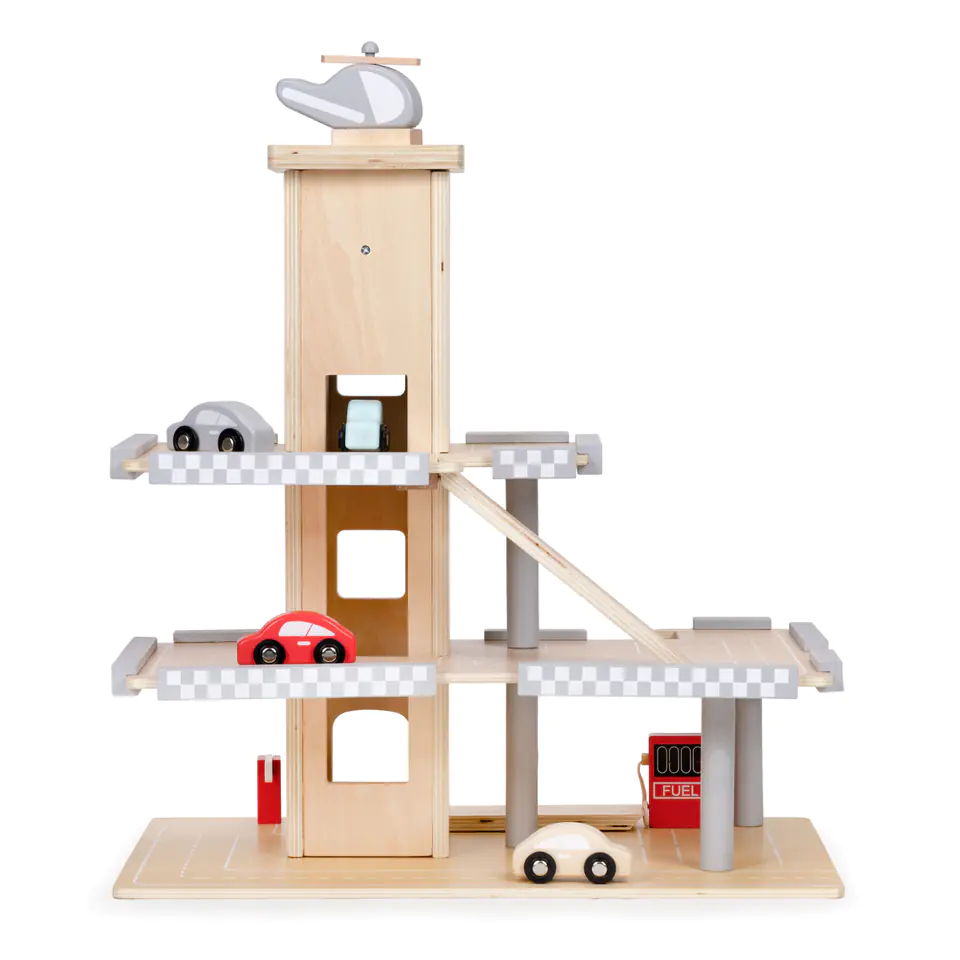 Large wooden track, garage, parking lot with elevator + ECOTOYS cars at Wasserman.eu