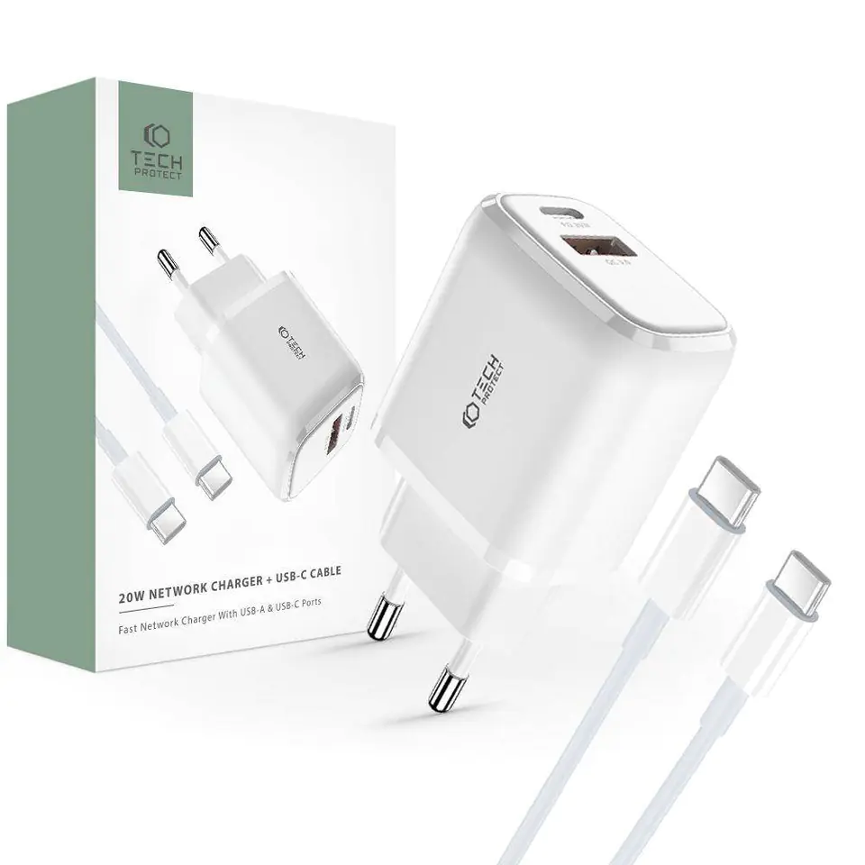 ⁨Ładowarka Sieciowa 20W USB QC3.0 + USB-C PD + Kabel USB-C - USB-C Tech-Protect C20W biała⁩ w sklepie Wasserman.eu