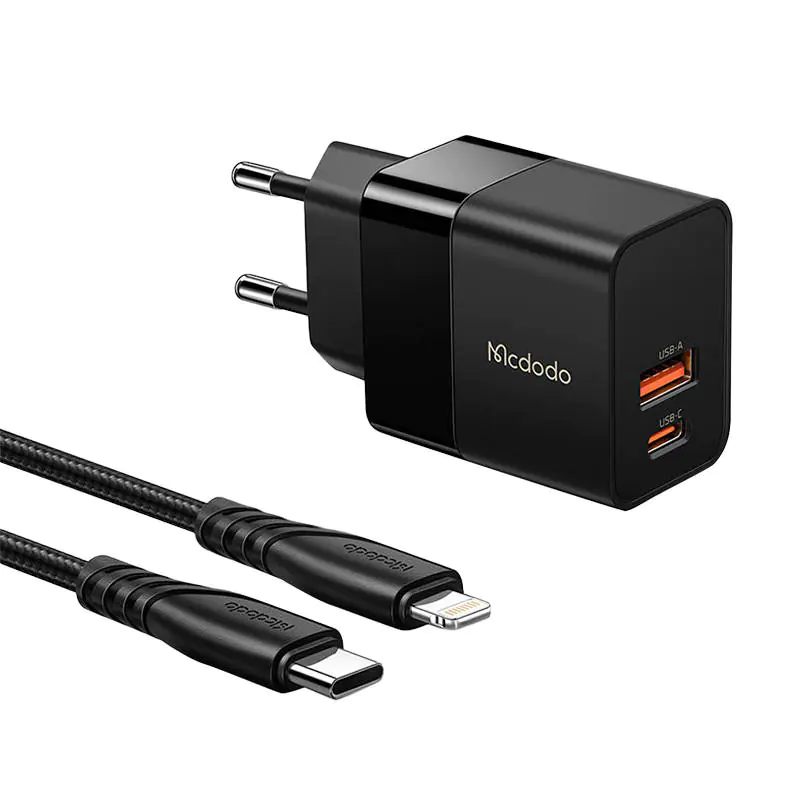 ⁨Ładowarka sieciowa Mcdodo CH-1952 USB + USB-C, 20W + kabel USB-C do Lightning (czarna)⁩ w sklepie Wasserman.eu