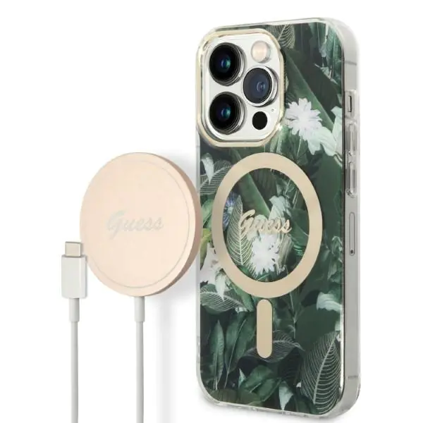 ⁨Zestaw Guess GUBPP14LHJEACSA Case+ Charger iPhone 14 Pro 6,1" zielony/green hard case Jungle MagSafe⁩ w sklepie Wasserman.eu