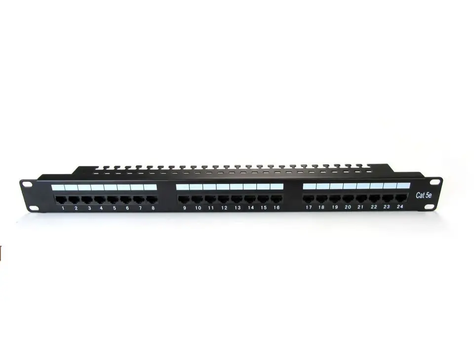 Patch panel 19" 24 ports, cat.5e, U/UTP, 1U, cable bracket, black (complete) at Wasserman.eu