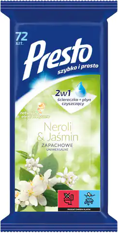 ⁨Presto Ściereczki czyszczące+płyn 2w1 uniwersalne Neroli&Jaśmin 1op.-72szt⁩ w sklepie Wasserman.eu