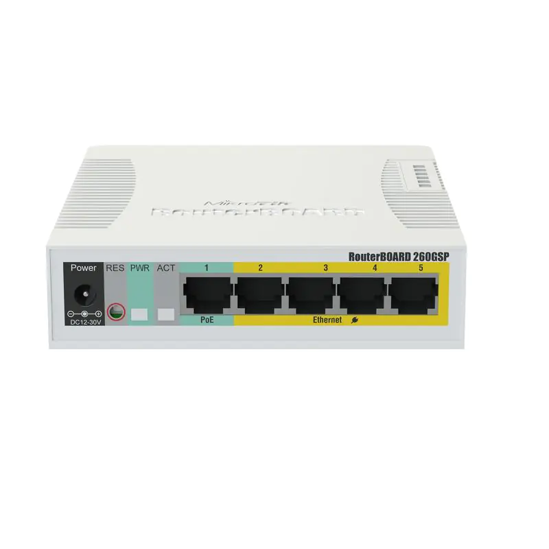 ⁨MIKROTIK RB260GSP CSS106-1G-4P-1S ROUTERBOARD GIGABIT POE SMART SWITCH 5XGE, 1XSFP, SWOS, PLASTIC CASE⁩ w sklepie Wasserman.eu