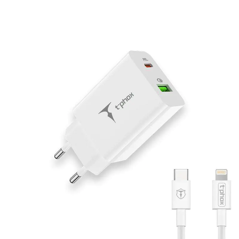 ⁨ORDER NETWORK T-PHOX SPEEDY USB-C 20W/USB 18W PD QC + LIGHTNING CABLE 1M WHITE/WHITE⁩ at Wasserman.eu