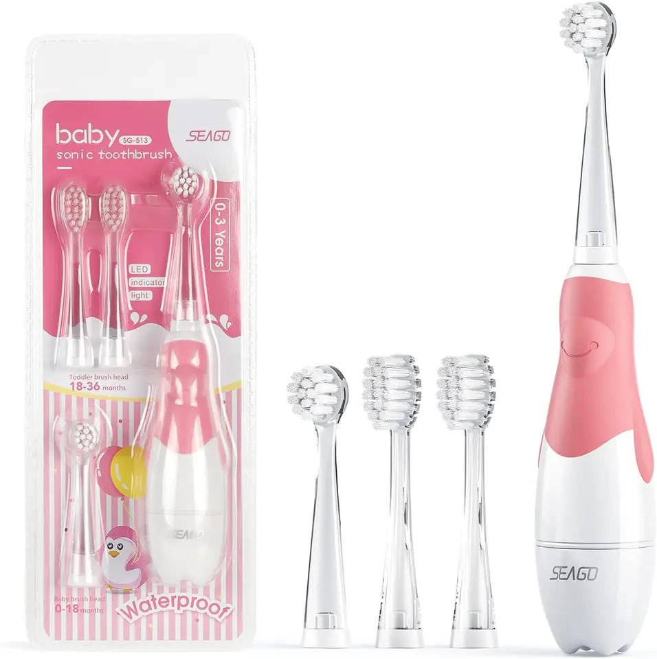 ⁨SEAGO sonic toothbrush for children, pink, 1xAAA 1.5V (not included), 4 tips, SG-513 Pink⁩ at Wasserman.eu