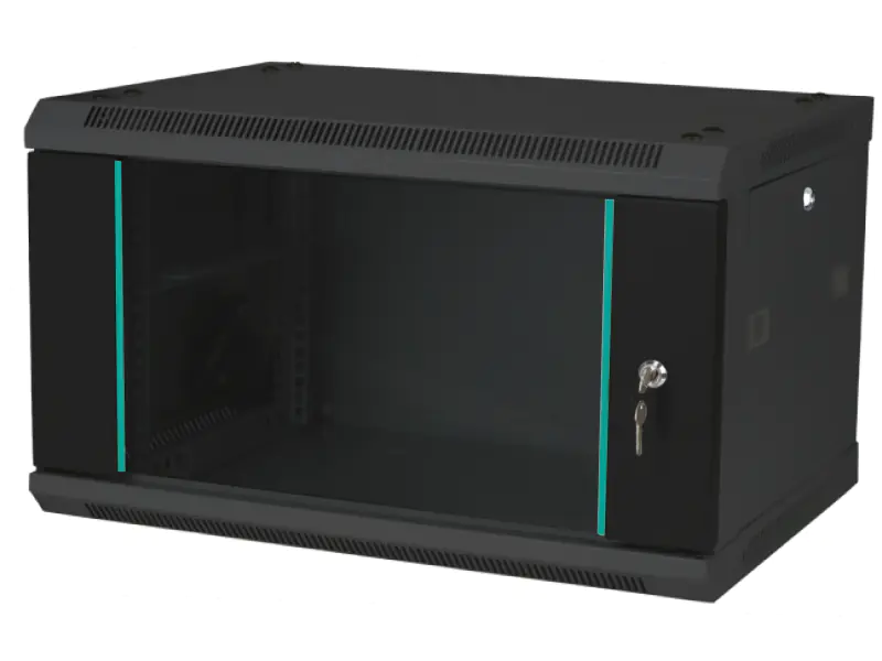 Szafka rack wisząca 19" 6U 600x450, niedzielona, drzwi szklane jednoskrzydłowe, tył osłona pełna, osłony boczne zamykane na klucz, kolor czarny FLAT PACK, Q-LANTEC w sklepie Wasserman.eu