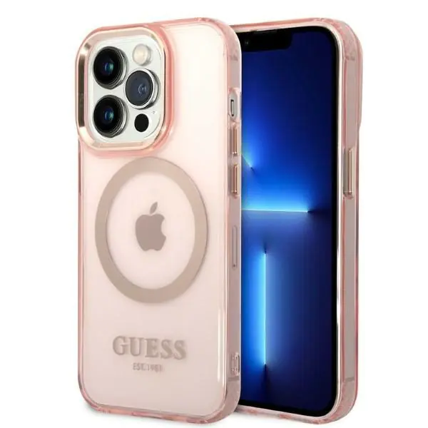 ⁨Guess GUHMP14LHTCMP iPhone 14 Pro 6,1" różowy/pink hard case Gold Outline Translucent MagSafe⁩ w sklepie Wasserman.eu