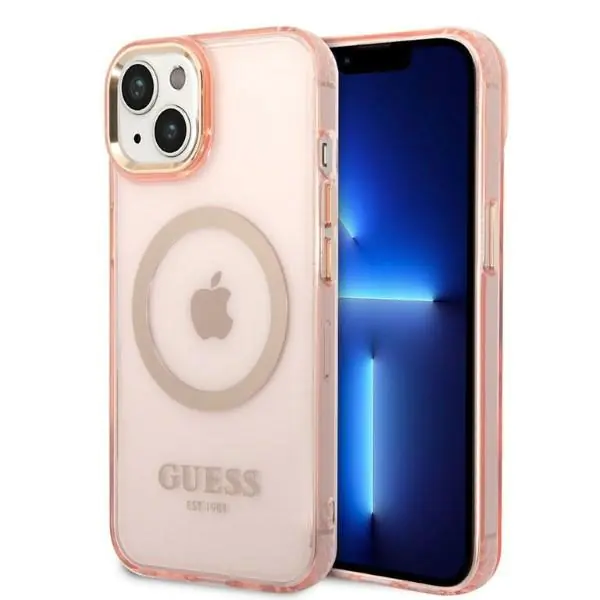 ⁨Guess GUHMP14MHTCMP iPhone 14 Plus 6,7" różowy/pink hard case Gold Outline Translucent MagSafe⁩ w sklepie Wasserman.eu