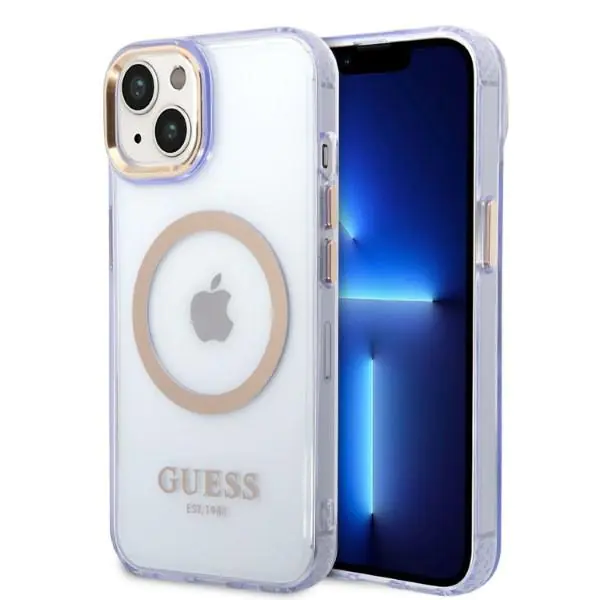 ⁨Guess GUHMP14SHTCMU iPhone 14 6,1" purpurowy/purple hard case Gold Outline Translucent MagSafe⁩ w sklepie Wasserman.eu