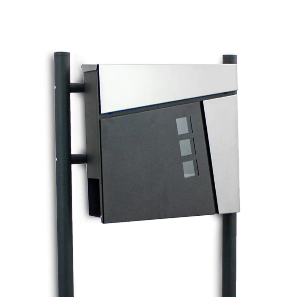 ⁨Modern mailbox on a stand, freestanding inox⁩ at Wasserman.eu